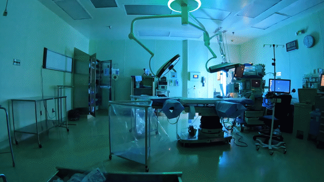UV-C disinfection equipment illuminating an operating room
